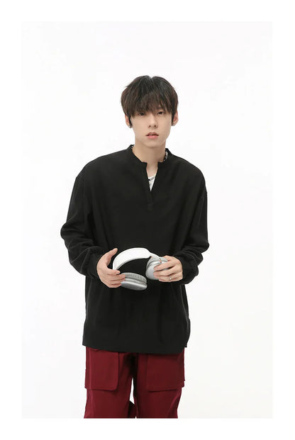 Men's  V-neck Long Sleeve T-Shirt Tops Clothing Autumn Korean Style Lazy Simple Solid Color Casual Pullover Bottoming Shirt Street King Limited