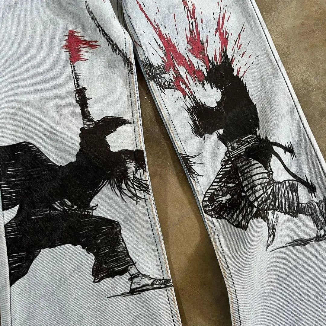 y2k medieval samurai print jeans vintage high street hip hop loose wide leg mens and womens trousers baggy jeans women urban skinny jeans
