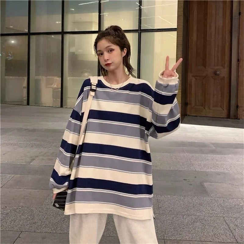 Women T shirts Striped Sweatshirt Thin tops 2024 Spring Women's Clothing Korean Fashion Couples Long Sleeve Teed y2k Pullovers Street King Limited