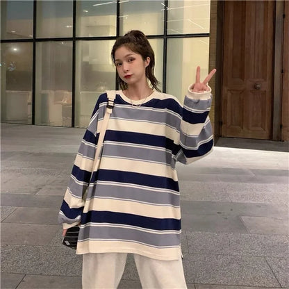 Women T shirts Striped Sweatshirt Thin tops 2024 Spring Women's Clothing Korean Fashion Couples Long Sleeve Teed y2k Pullovers Street King Limited