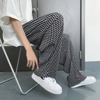 Summer Ice Silk Pants Men Oversized Retro Plaid Pants Men Japanese Streetwear Loose Wide Leg Pants Mens Pleated Trousers M-5XL Street King Limited