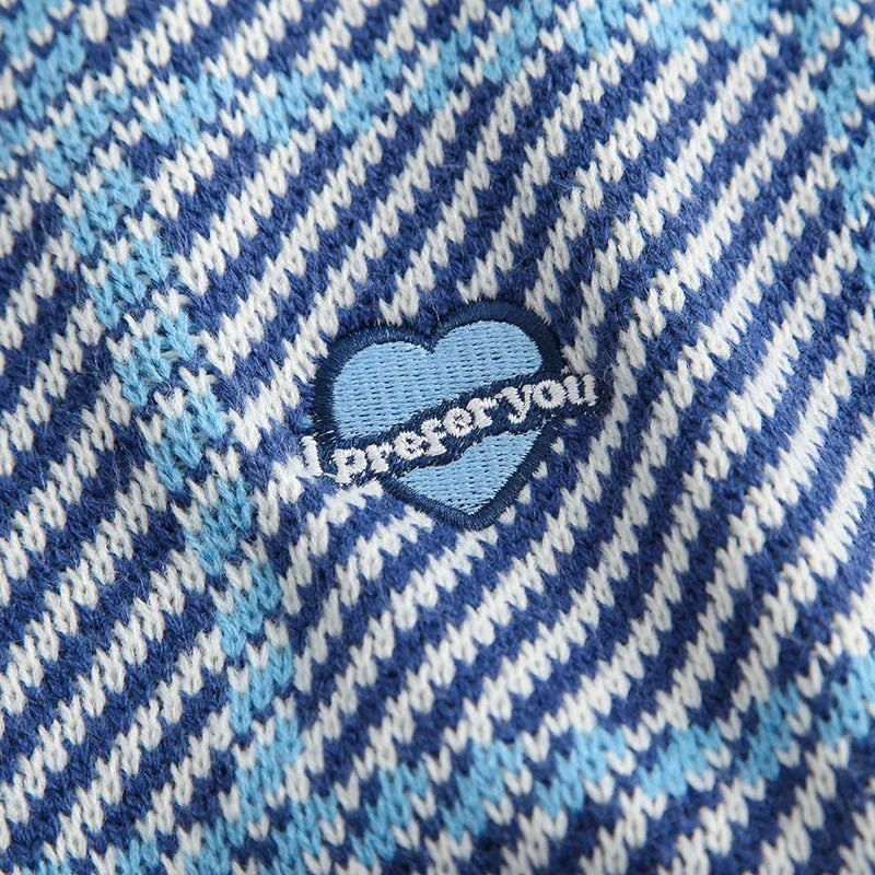 Men Hip Hop Knitted Sweater Streetwear Embroidery Heart Plaid Pullover 2023 Autumn Harajuku Cotton Casual Pullover Sweater Blue Street King Limited
