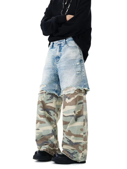 Camouflage Patchwork Jeans Mens Fake Two Items Street Punk Unisex Denim Pants Multiple Pockets Blue Size S-3XL Cowboy Trousers Street King Limited