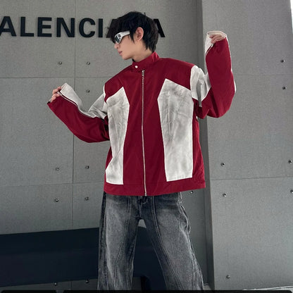 street american color block mens jacket 2024 new autumn zipper patchwork shoulder pads racing coats motorcycle windbreaker relaxed fit trousers