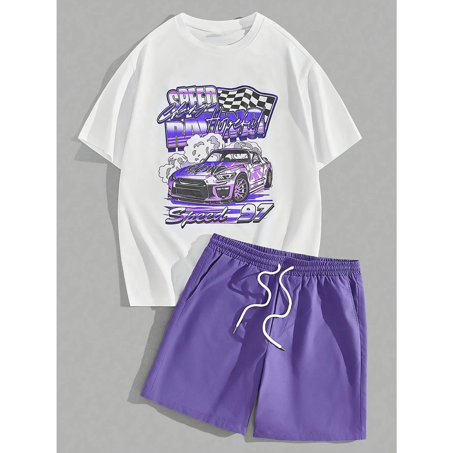 casual summer outfit set car graphic t shirts print shotr pants harajuku tracksuit streetwear purple sweatpants y2k men clothing unique joggers style 3883