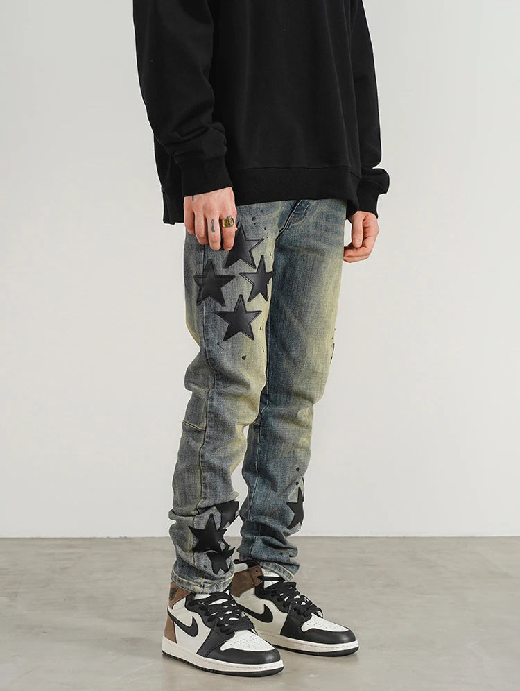 star appliques denim jeans skinny trousers slim fit men new casual biker jeans fashion streetwear hip hop trousers pants joggers unique joggers style 2541