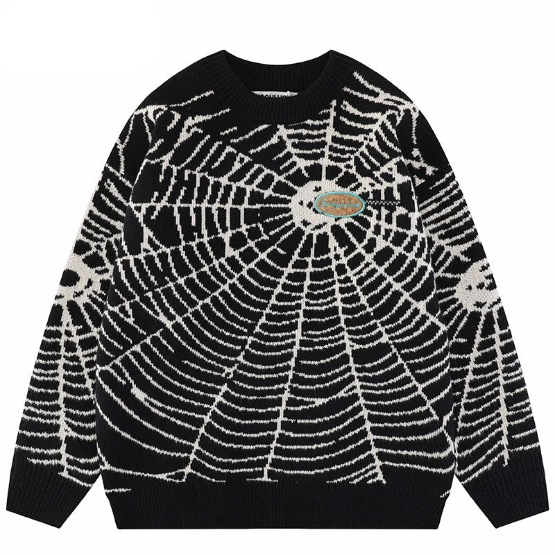 2023 Men Streetwear Sweater Hipster Spider Web Graphic Hip Hop Knitted Sweater Casual Loose Pullover Sweater Black Purple Street King Limited