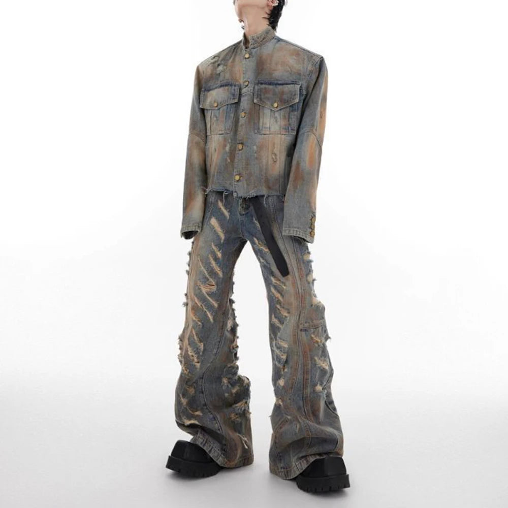 mens denim jacket jeans wilderness construction site style distressed washed holes street wear fashion versatile mens wear 2024 unique jeans style 3070