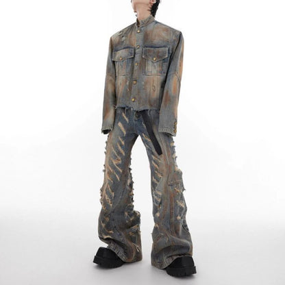 mens denim jacket jeans wilderness construction site style distressed washed holes street wear fashion versatile mens wear 2024 unique jeans style 3070