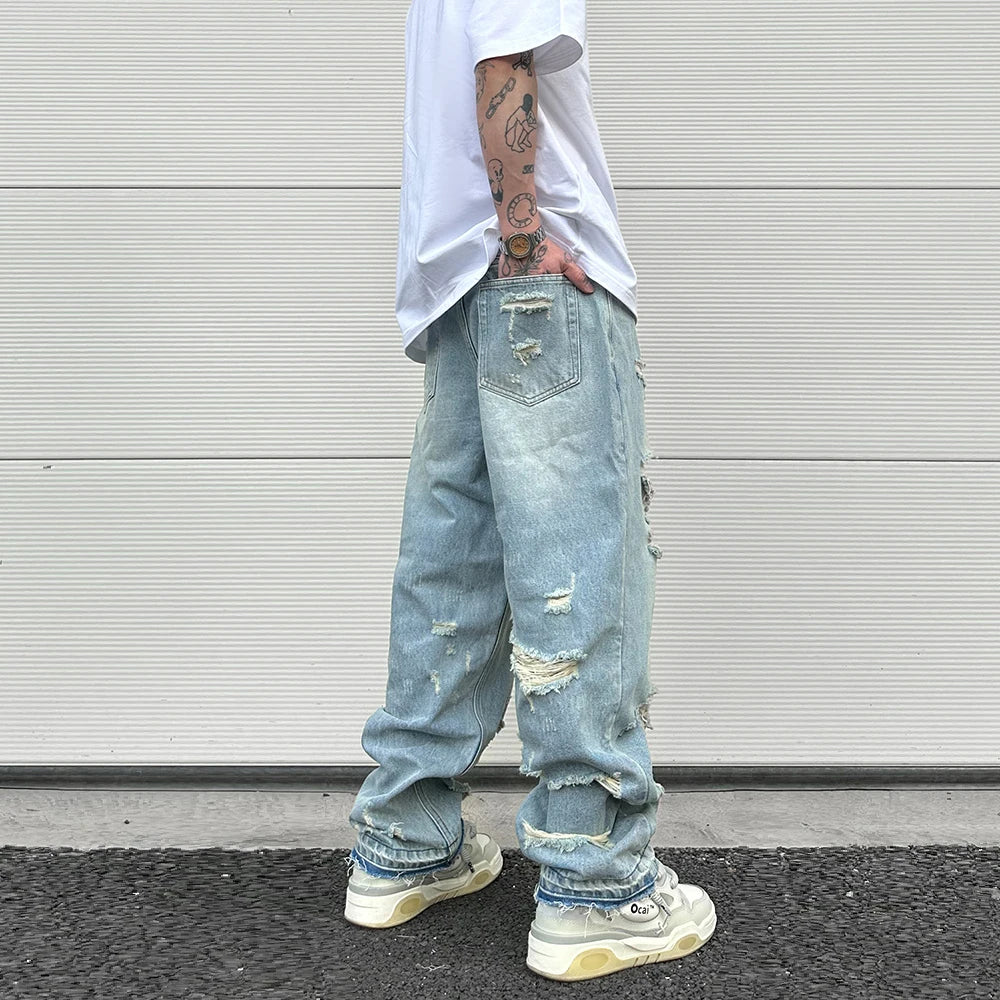 washed blue oversized torn jeans for men streetwear hip hop large destroyed wide leg jeans baggy straight ripped denim pants unique jeans style 4414