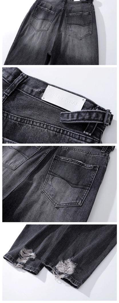 baggy damaged heavy industry washed jeans pants vibe loose casual silhouette straight worn pants knee ripped denim trousers unique jeans style 178