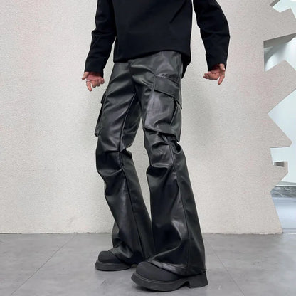 pu leather pants mens streetwear fashion hip hop vibe casual faux leather cargo flared pant men motorcycle trousers unique cargo style 2939