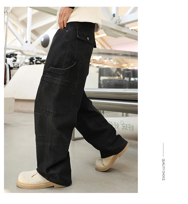 men american streetwear fashion loose casual hip hop wide leg black denim baggy jeans pants man y2k cargo jeans trousers unique cargo style 2218