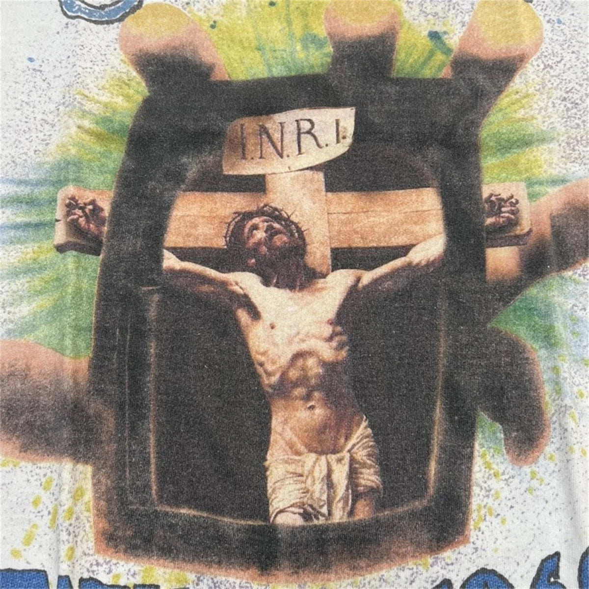 24SS New Vintage Retro Cross Printing Washed Distressed Short Sleeves T-Shirt Tops Street King Limited