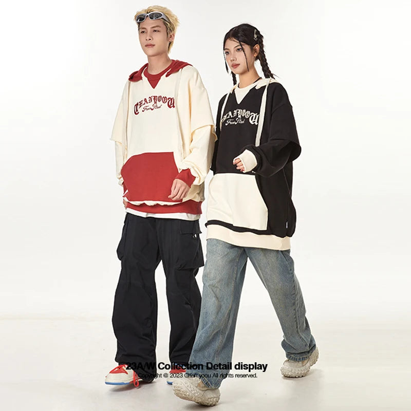 2023 Autumn Color Patchwork Hoodie Men Hip Hop Streetwear Letter Embroidered Sweatshirt Y2K Unisex Harajuku Couple's Pullover Street King Limited
