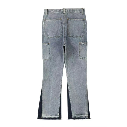 Harajuku Black Graffiti Flared Jeans Pants Patches Hip Hop Splashed Ink Wide Jeans Trousers Blue Slim Fit Washed Jeans for Men Street King Limited
