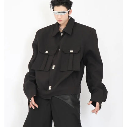 trendy high street jacket mens unisex metal button shoulder pad short coats multi pocket punk hip hop loose outwear oversized unique shorts style 3548