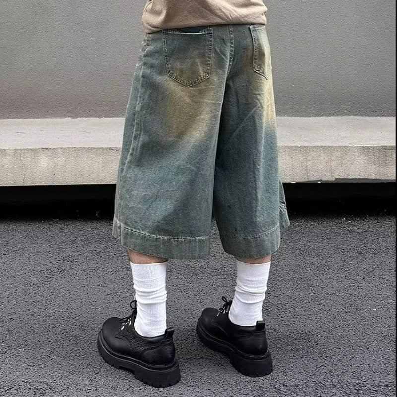 Summer Trend Denim Cropped Trousers Mens American Hip Hop Washed Wide Leg Shorts Unisex  High Street Straight Cowboy Mid Pants Street King Limited