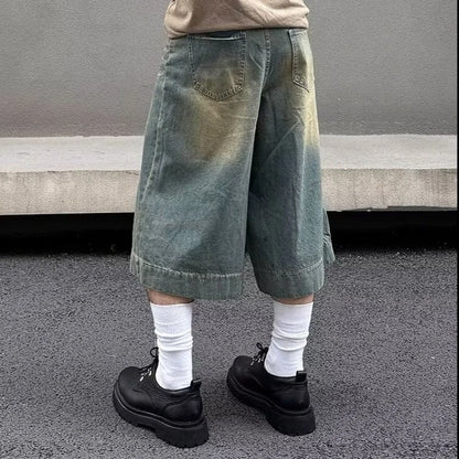 Summer Trend Denim Cropped Trousers Mens American Hip Hop Washed Wide Leg Shorts Unisex  High Street Straight Cowboy Mid Pants Street King Limited