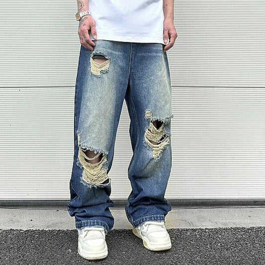 Hip Hop Washed Knee Hole Baggy Wide Leg Casual Jeans for Men Y2K Ripped Loose Distressed Denim Trousers Oversized Cargo Pants Street King Limited