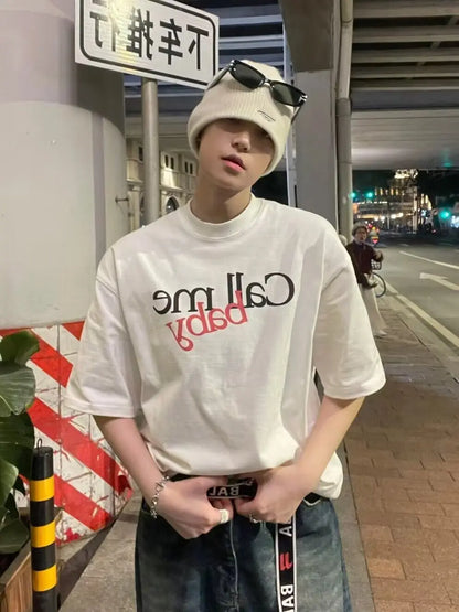 Summer men Korean retro fun printed half sleeved T shirt Fashion simple y2k couple personality hip hop loose round neck top Street King Limited