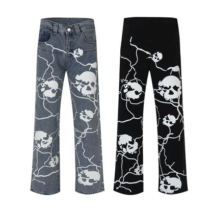 fashion lightning skull printed denim jeans mens unisex casual zipper straight jeans streetwear hip hop y2k jean pants joggers unique joggers style 5185