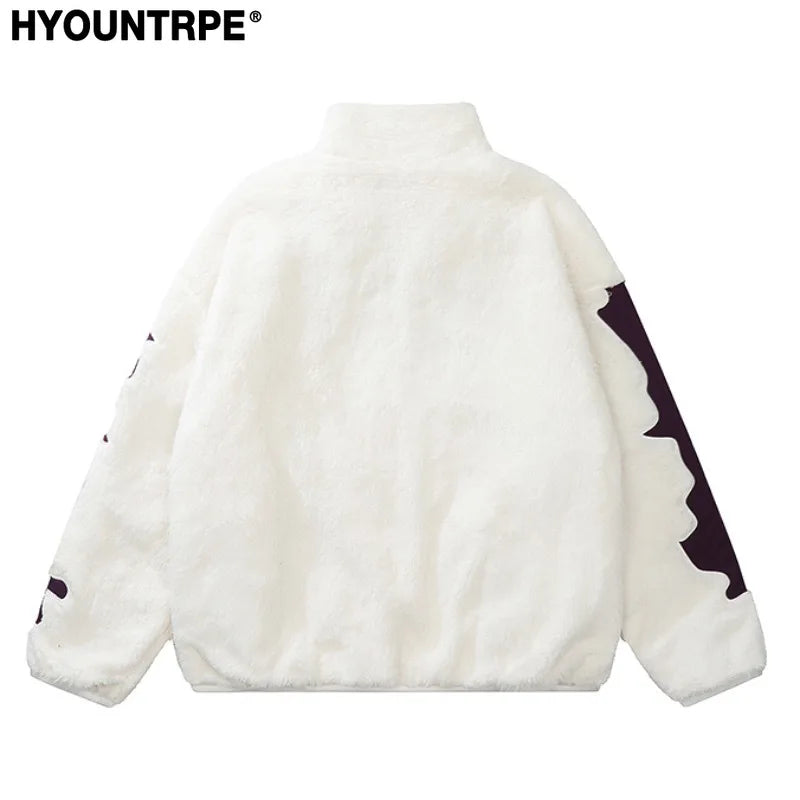 mens casual skulls patchwork fleece jackets coats new hairy stand collar zipper loose hoodies outerwears warm streetwear parkas minimalist street pants