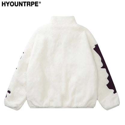 mens casual skulls patchwork fleece jackets coats new hairy stand collar zipper loose hoodies outerwears warm streetwear parkas minimalist street pants