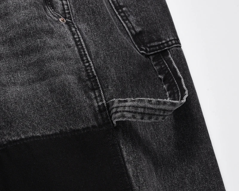 patchwork graffiti black straight denim pants mens vintage patches stitching ink splashed jeans y2k logging cargo pants for male unique cargo style 457