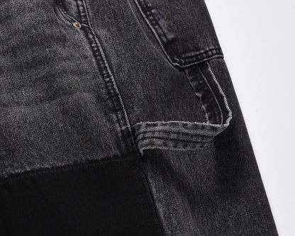 patchwork graffiti black straight denim pants mens vintage patches stitching ink splashed jeans y2k logging cargo pants for male unique cargo style 457