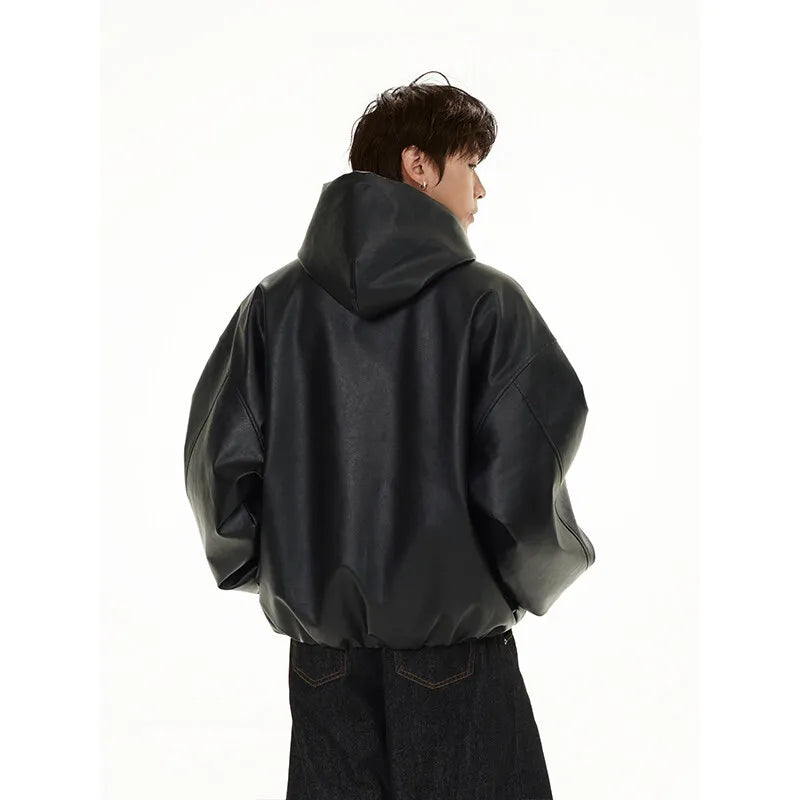 pu leather bomber jacket men streetwear fashion loose casual vintage leather hooded short motorcycle jacket hoody coat outerwear drawstring street shorts