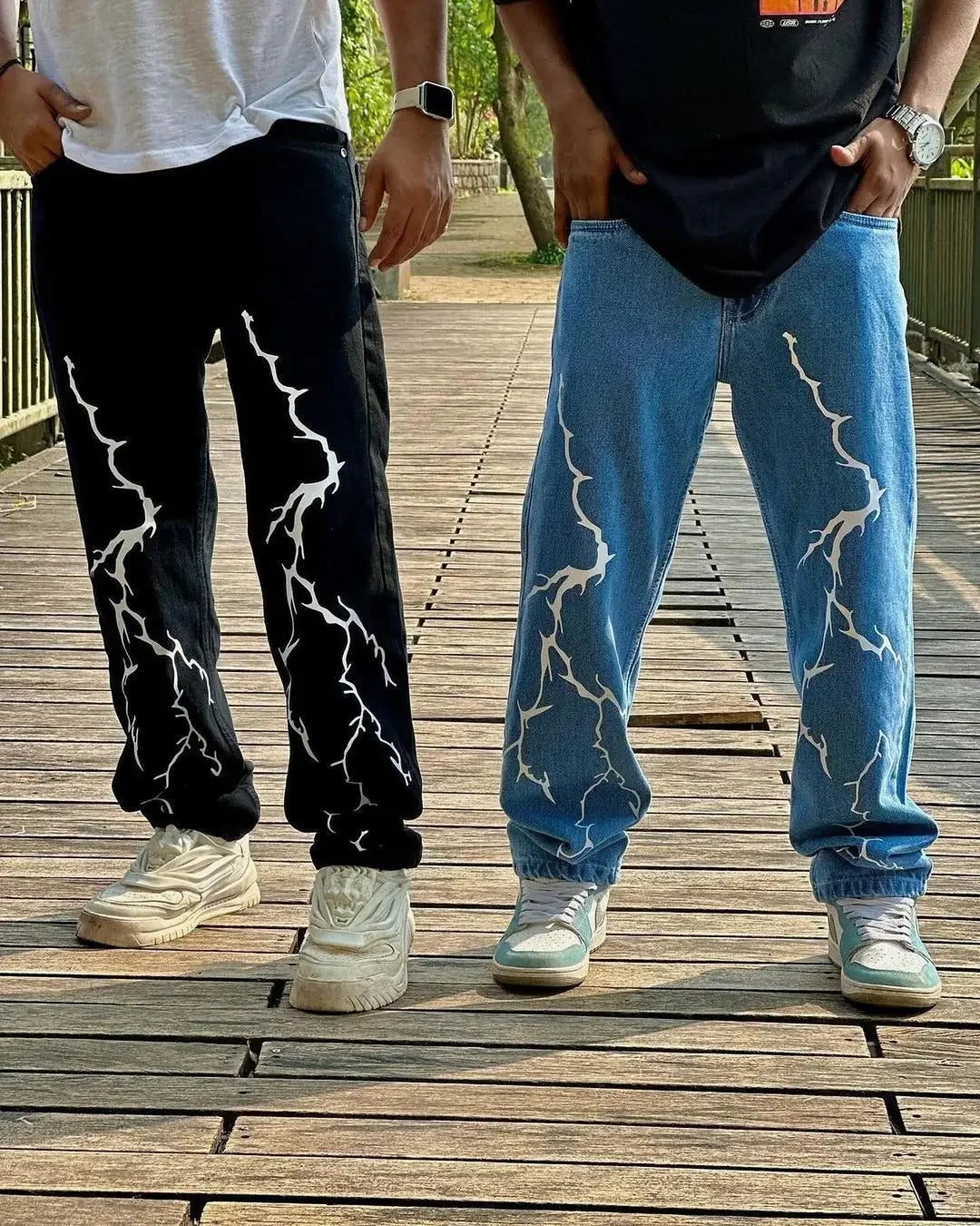 Harajuku fashion mens women’s jeans lightning graphic wide leg jean streetwear y2k denim cuples high waist pants men clothing Street King Limited