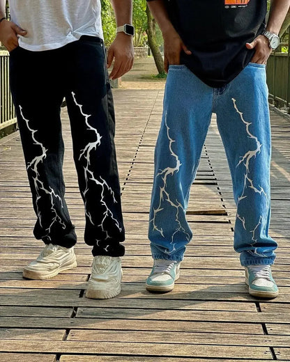 Harajuku fashion mens women’s jeans lightning graphic wide leg jean streetwear y2k denim cuples high waist pants men clothing Street King Limited