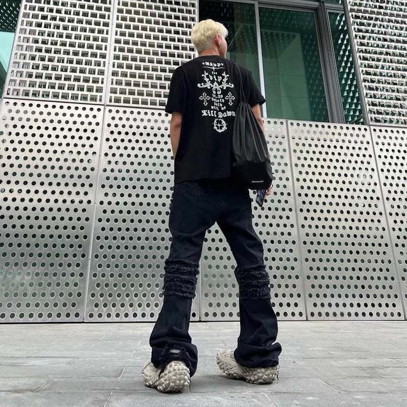 y2k streetwear trendy oversized micro flare jeans black ro hip hop washed tassel distressed denim jean raw edge mens wide pants denim street jeans