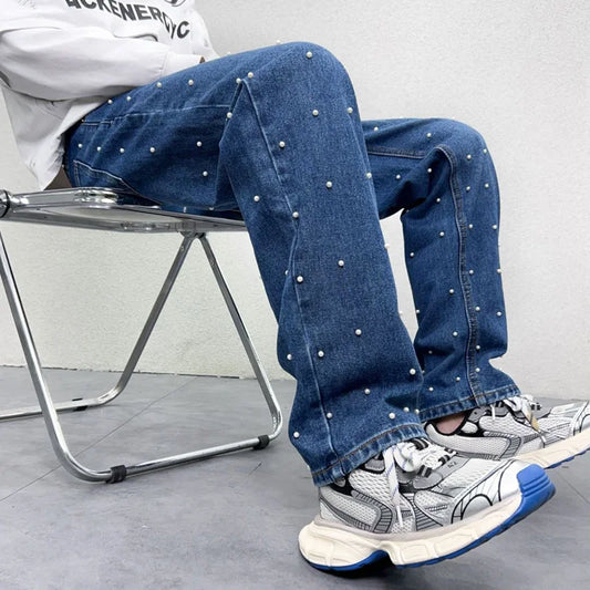 men bead streetwear fashion hip hop vibe loose casual wide leg straight denim jeans baggy pant man boyfriend jeans trousers vintage washed jeans