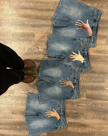 retro trendy pattern letter print oversized jeans shorts womens y2k fashion harajuku loose high waisted sweatpants couple style relaxed fit joggers