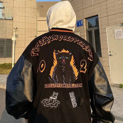 baseball jacket men women patchwork high street retro flocking letter cat coat spring autumn casual loose varsity jackets unisex unique default style 3815