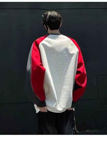 Trendy Personality Korean Motorcycle Style Round Neck Sweatshirt Men 2024 Spring Autumn Niche Contrasting Color Pullover Hot Top Street King Limited