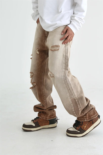 fashion denim jeans mens destoryed holes zipper straight jeans hip hop streetwear spring summer casual joggers jeans men pants unique joggers style 3142
