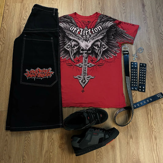 harajuku tapout and wexwear suit graphic embroidered jeans y2k jeans tracksuit t shirt for men streetwear black skateboard pants ripped baggy denim