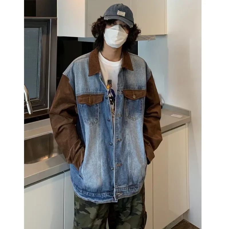 mens patchwork denim jacket spring trend korean retro college lapel color blocked couple coats 2024 high street cowboy cardigan stacked flare jeans
