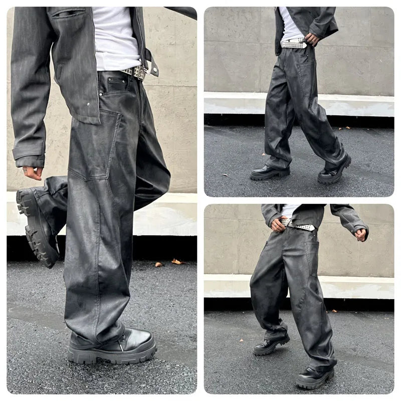 men brand fashion splice pocket loose casual wide leg leather baggy pant cityboy streetwear cargo motorcycle pants trousers multi-pocket cargos