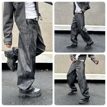 men brand fashion splice pocket loose casual wide leg leather baggy pant cityboy streetwear cargo motorcycle pants trousers multi-pocket cargos