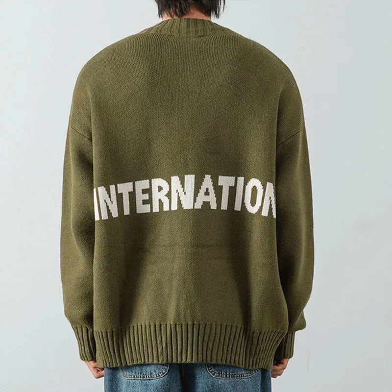 Autumn Solid Solor Zipper Cardigan For Men Letter Printed Crewneck Knitted Sweater Casual Loose Pull Homme Knitwear Jackets Street King Limited