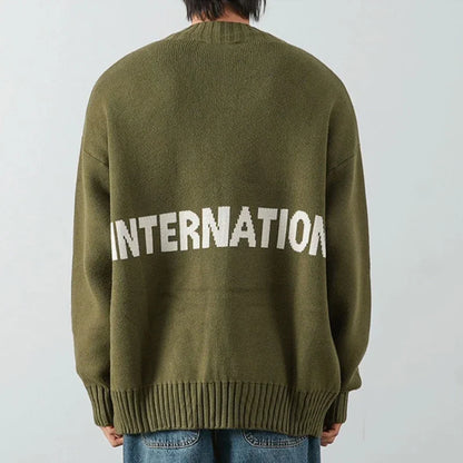Autumn Solid Solor Zipper Cardigan For Men Letter Printed Crewneck Knitted Sweater Casual Loose Pull Homme Knitwear Jackets Street King Limited