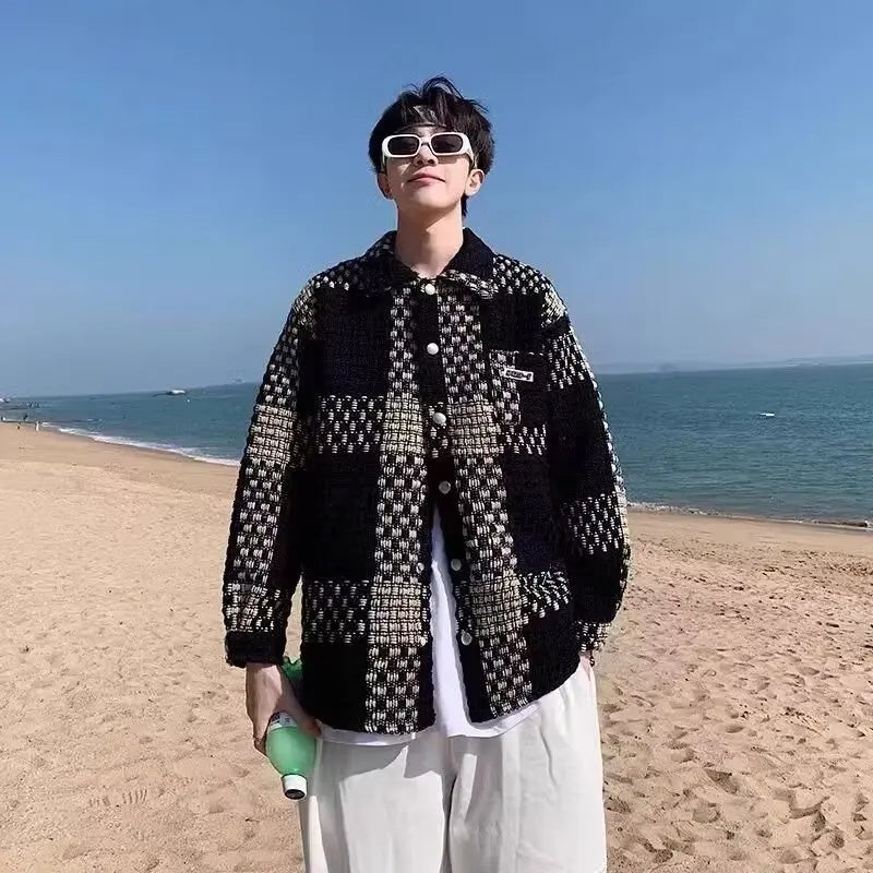 high street lattice mens jackets woven fabric single breasted loose harajuku shirt coats letter embroidered casual male tops relaxed fit trousers