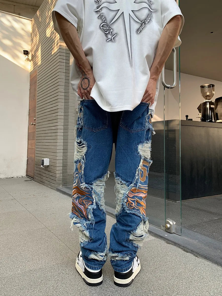 fashion embroidery destroyed ripped tassel holes denim jean pants mens casual loose straight jeans hip hop streetwear joggers unique joggers style 3340