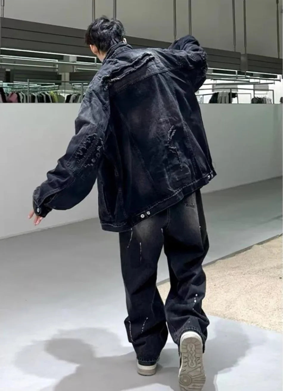 high street washed denim jacket mens trends new spring streetwear single breasted casual hip hop coats loose cowboy outwear unique jeans style 4007