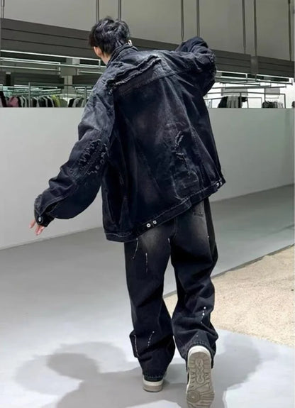 high street washed denim jacket mens trends new spring streetwear single breasted casual hip hop coats loose cowboy outwear unique jeans style 4007