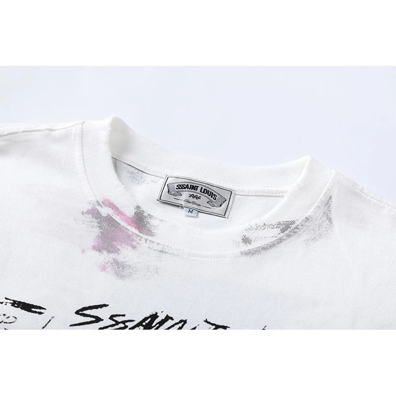 2024ss Saint Louis T-shirts Men Woman Good Quality Cotton Loose Wash White Nightmare Debris Printing Top Tees Street King Limited